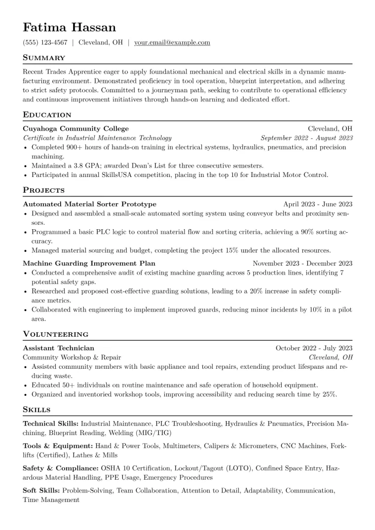 Trades Apprentice Resume Example CV template preview