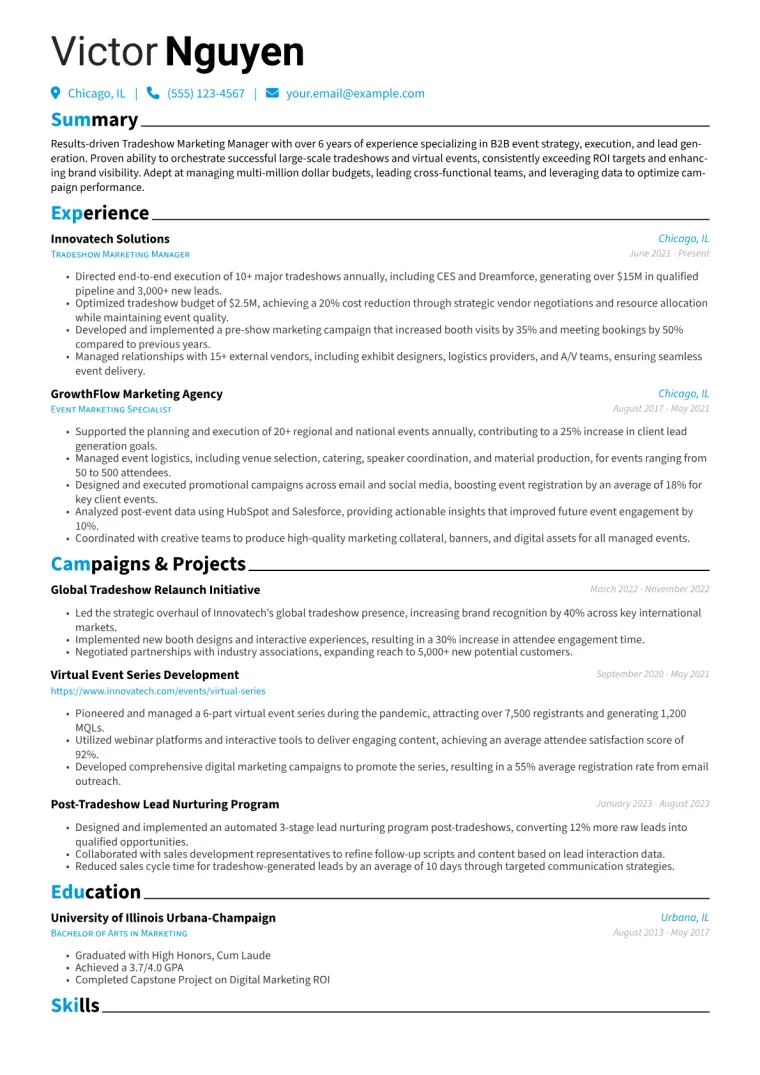 Tradeshow Marketing Manager Resume Example CV template preview