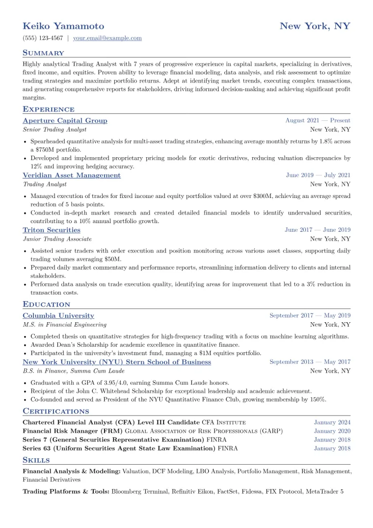 Trading Analyst Resume Example CV template preview