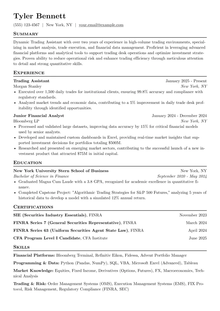 Trading Assistant Resume Example CV template preview