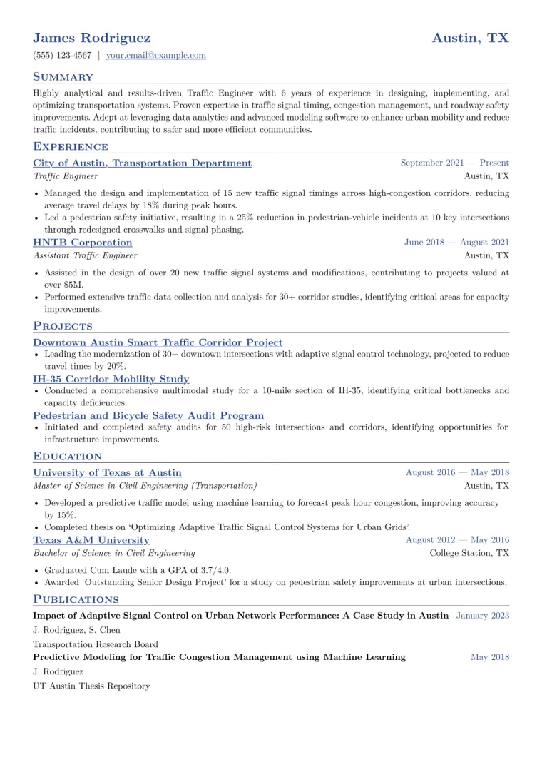 Traffic Engineer Resume Example CV template preview