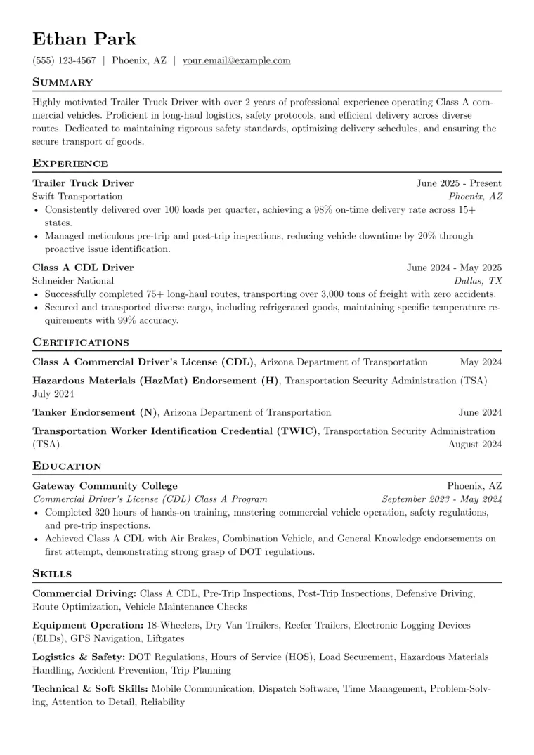 Trailer Truck Driver Resume Example CV template preview