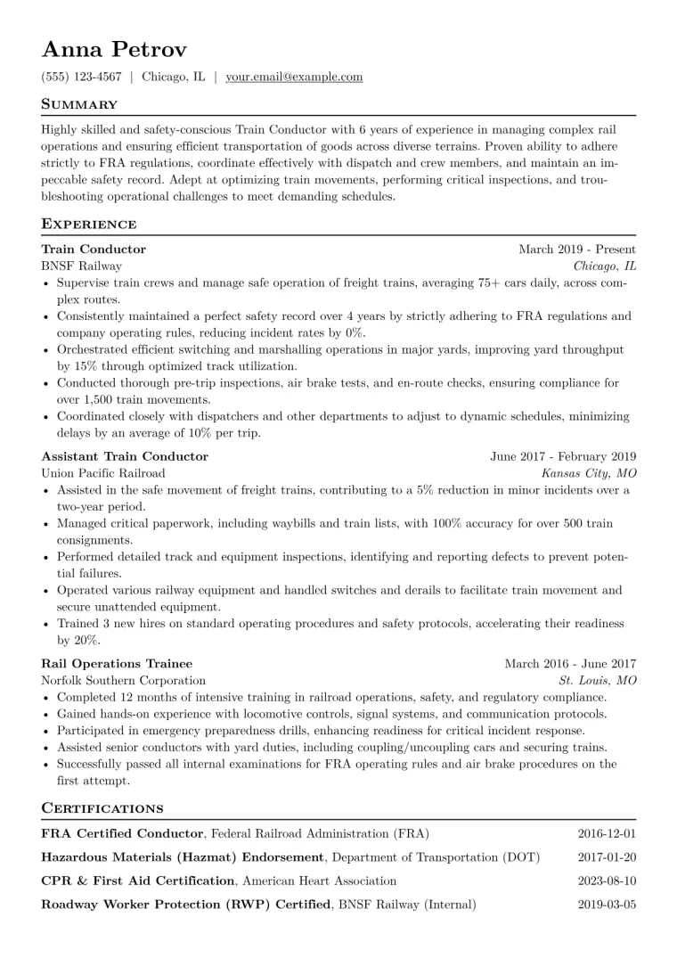 Train Conductor Resume Example CV template preview