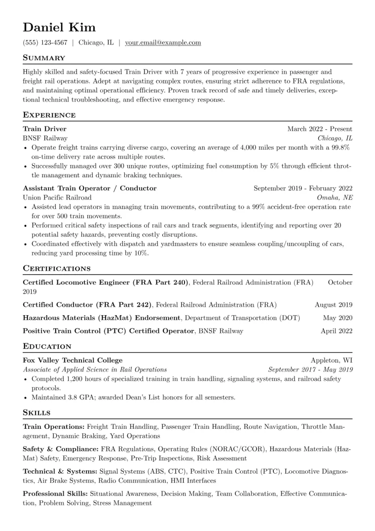 Train Driver Resume Example CV template preview