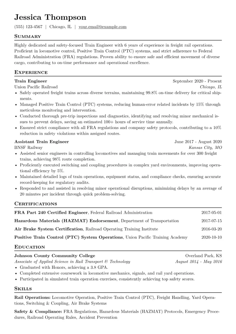 Train Engineer Resume Example CV template preview