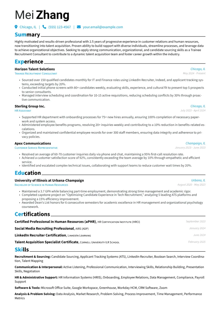 Trainee Recruitment Consultant Resume Example CV template preview