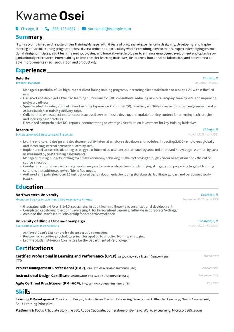 Training Manager Resume Example CV template preview