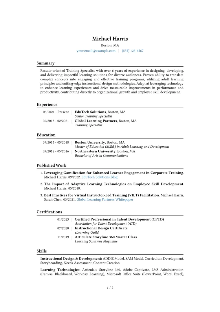 Training Specialist Resume Example CV template preview
