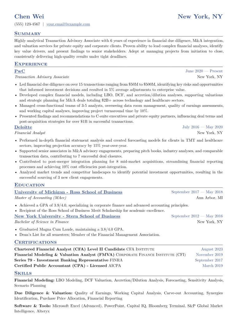 Transaction Advisory Associate Resume Example CV template preview