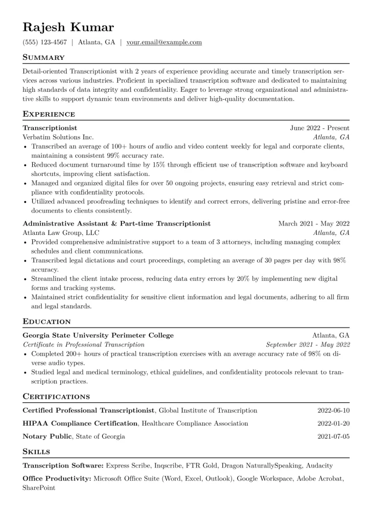 Transcriptionist Resume Example CV template preview