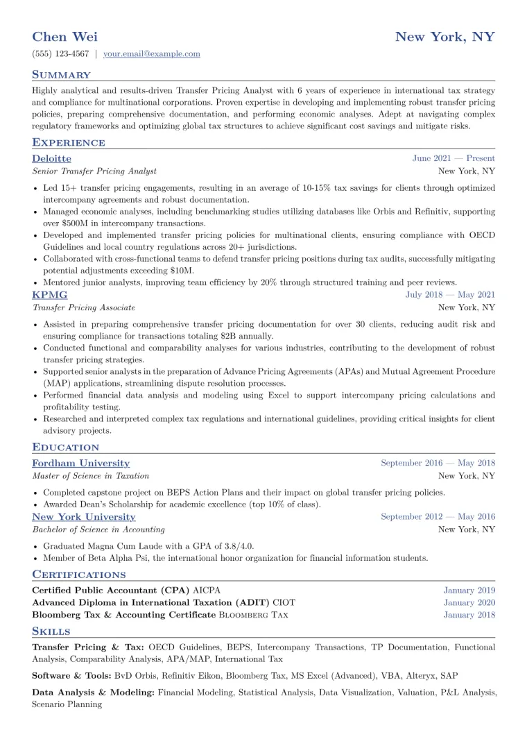Transfer Pricing Analyst Resume Example CV template preview