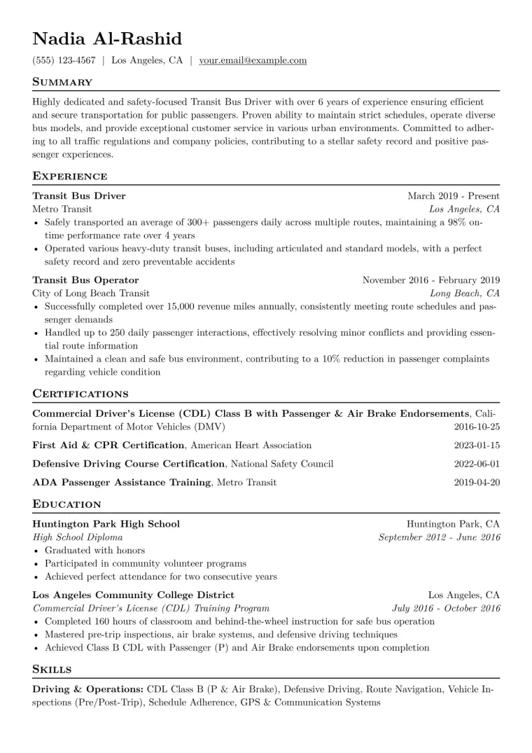 Transit Bus Driver Resume Example CV template preview