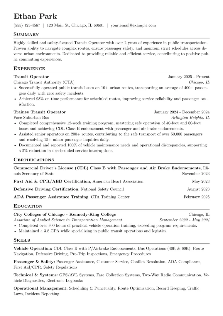 Transit Operator Resume Example preview