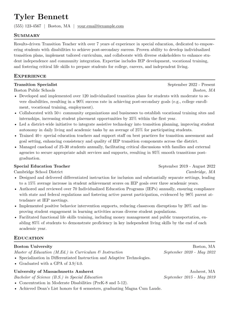 Transition Teacher Resume Example CV template preview
