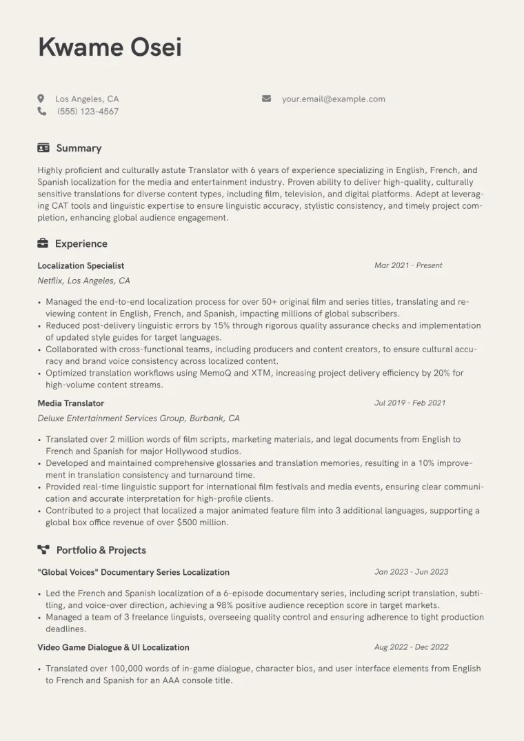 Translator Resume Example CV template preview