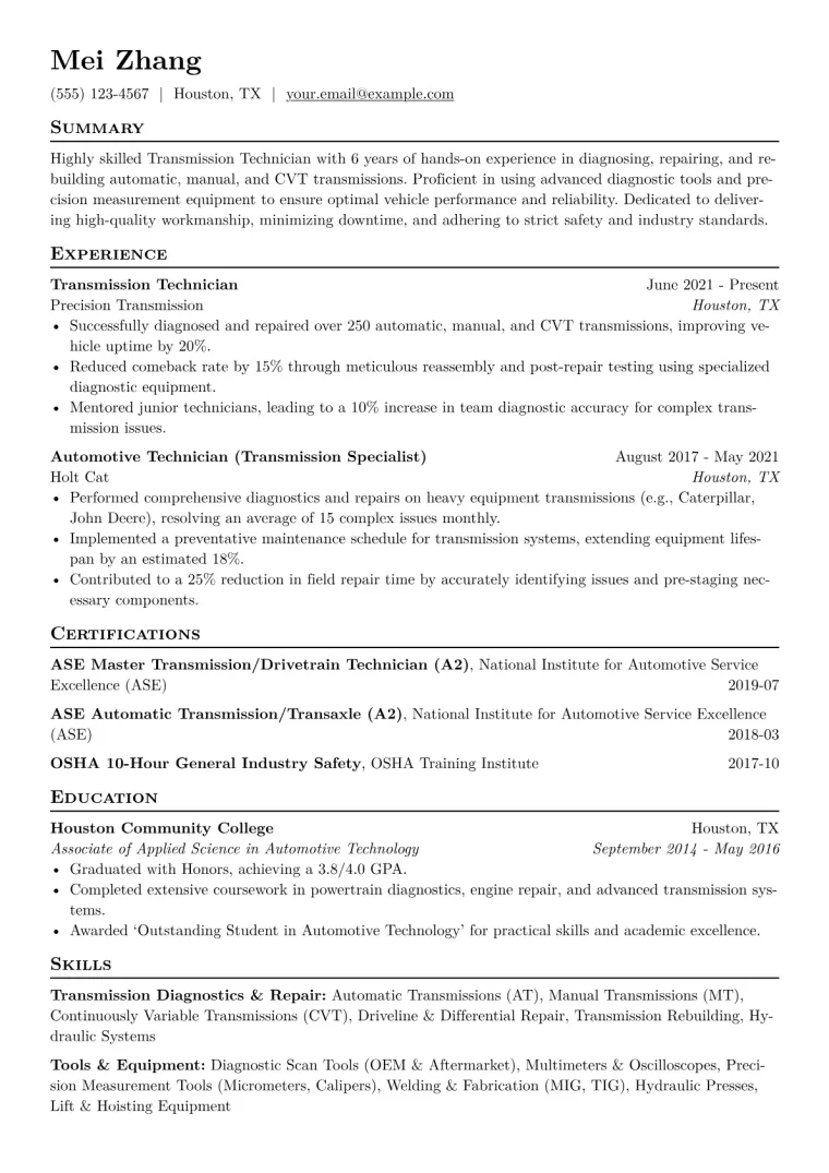Transmission Technician Resume Example CV template preview