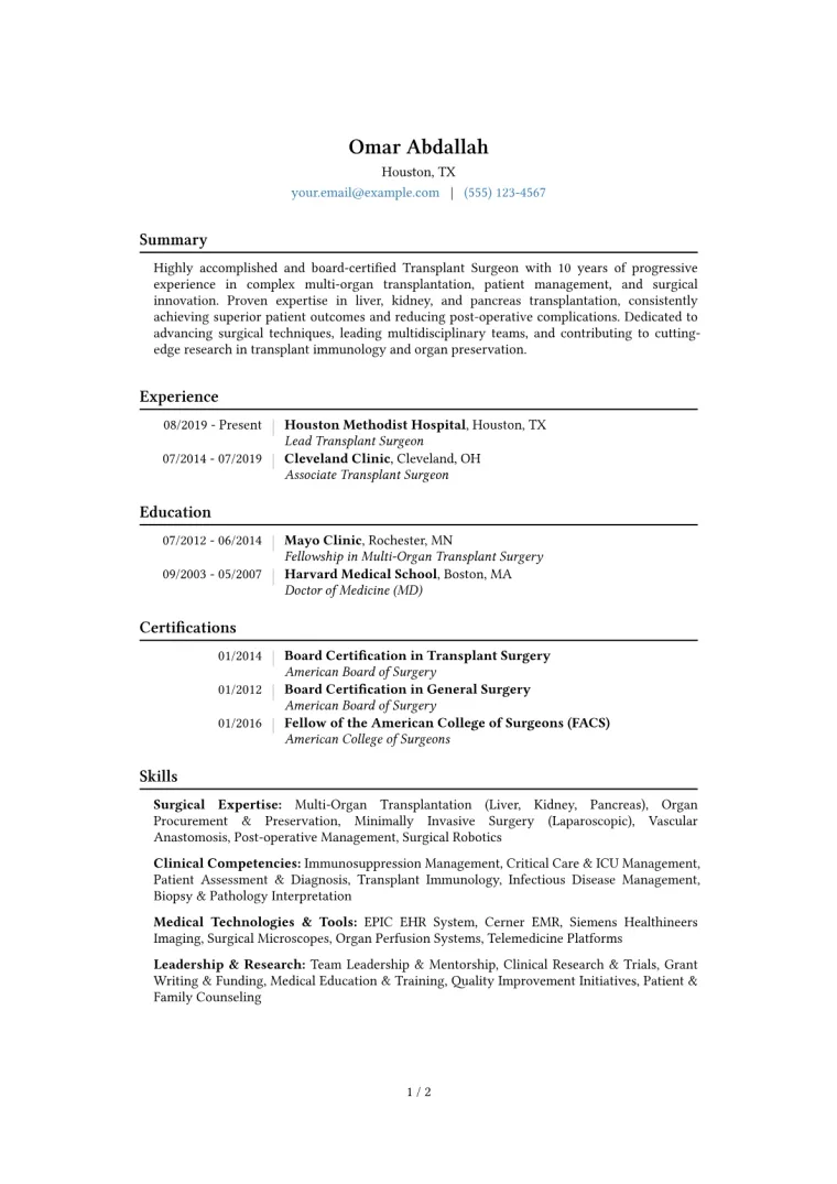 Transplant Surgeon Resume Example CV template preview