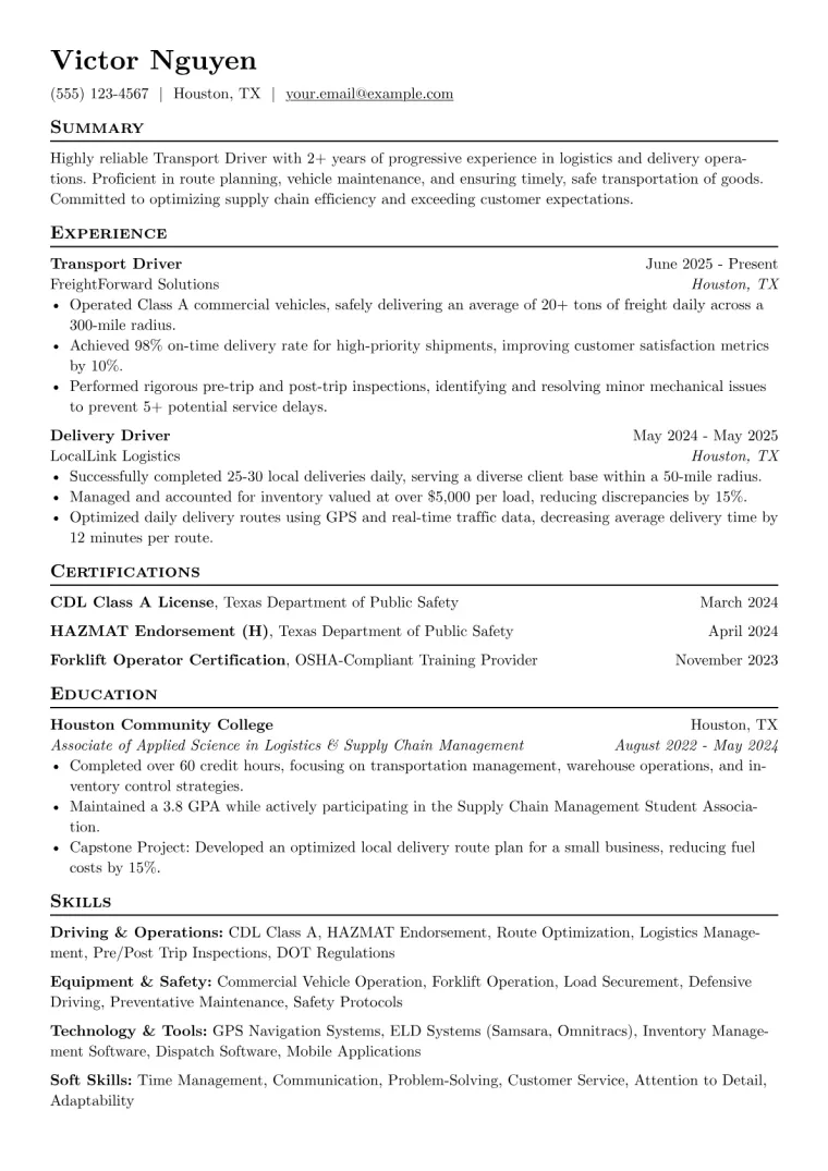 Transport Driver Resume Example CV template preview