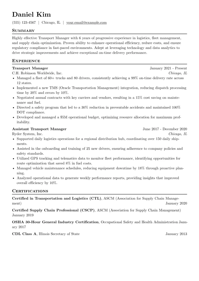 Transport Manager Resume Example CV template preview
