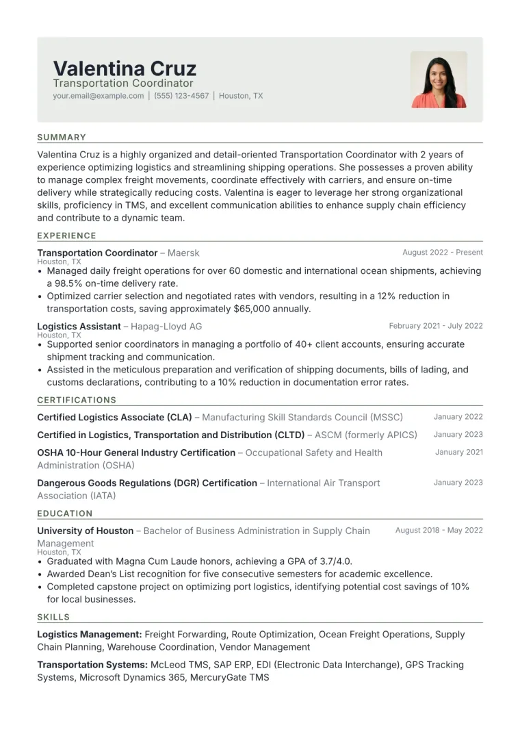 Transportation Coordinator Resume Example CV template preview