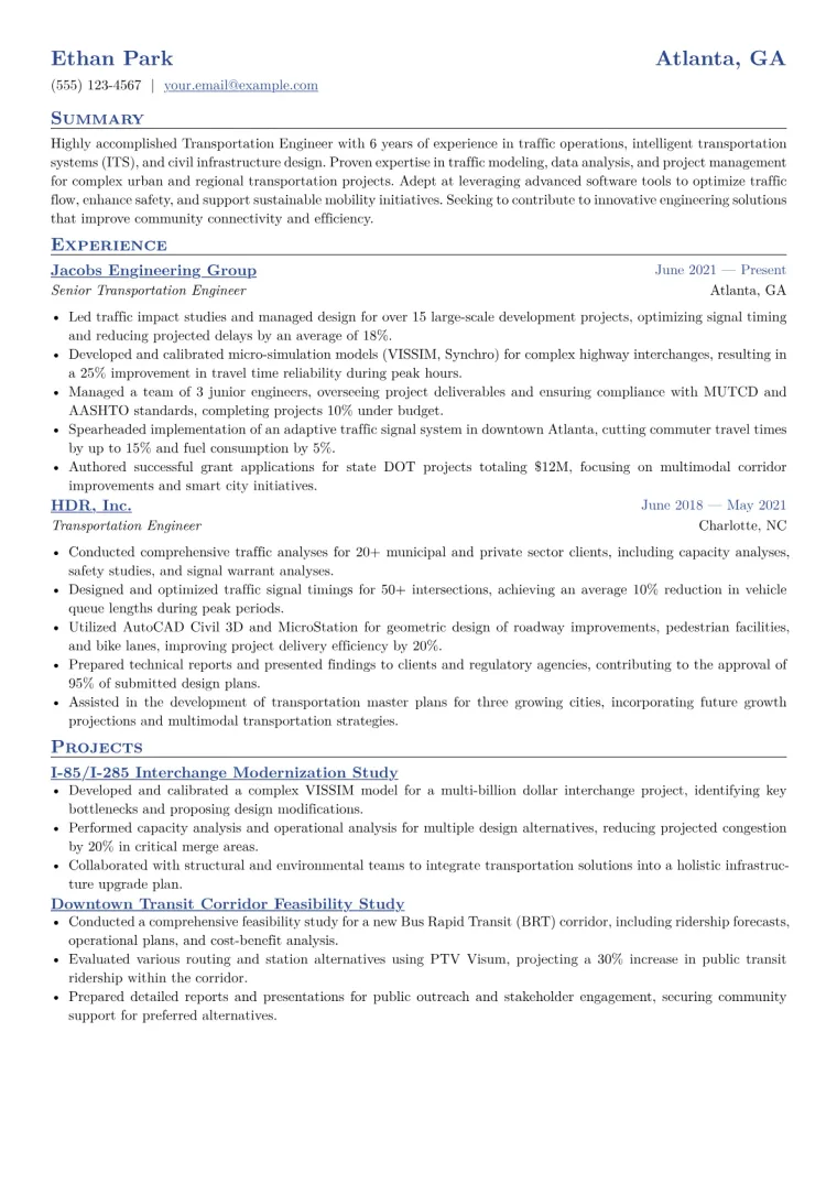 Transportation Engineer Resume Example CV template preview