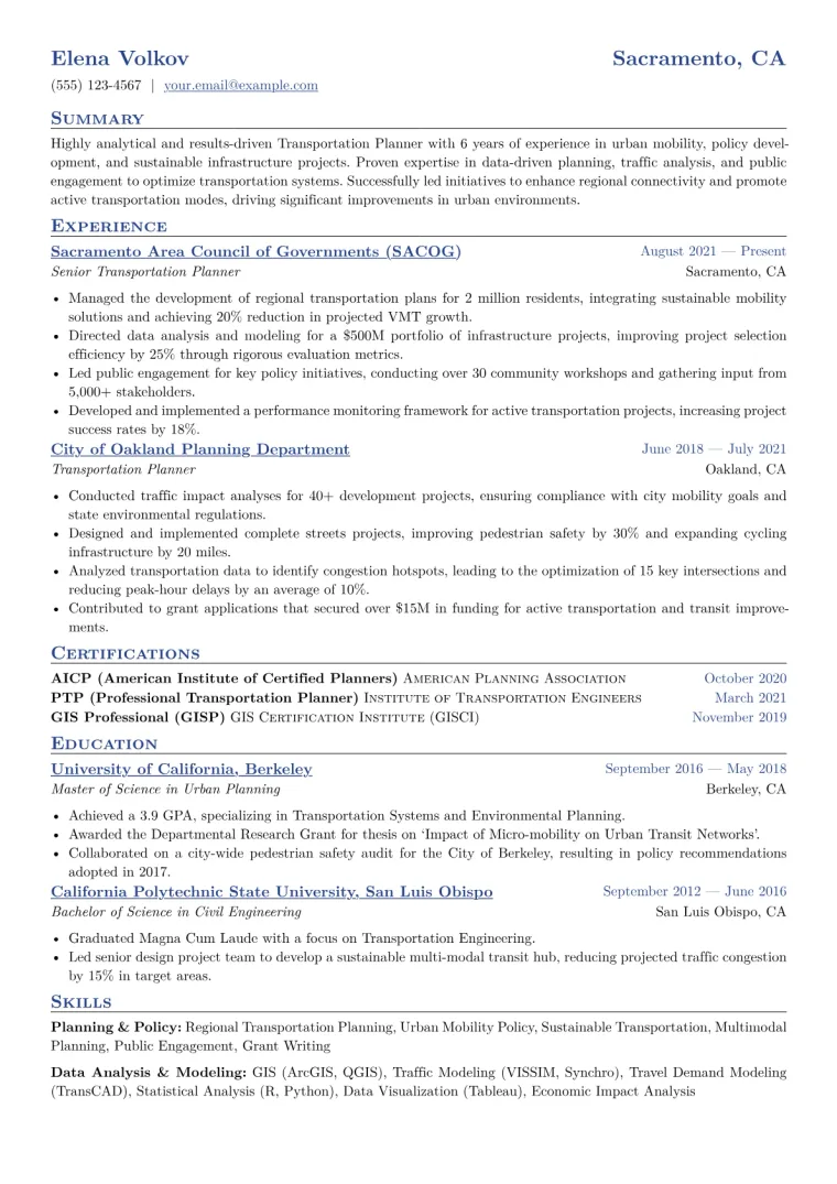 Transportation Planner Resume Example CV template preview