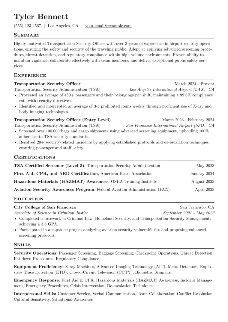Transportation Security Officer Resume Example preview