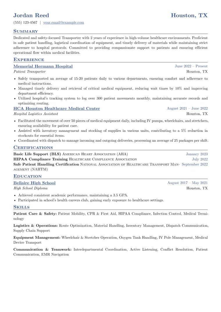 Transporter Resume Example CV template preview