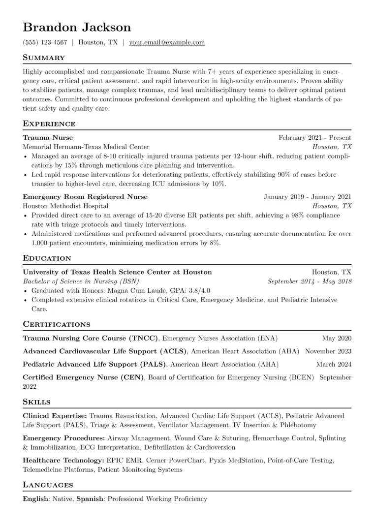 Trauma Nurse Resume Example CV template preview