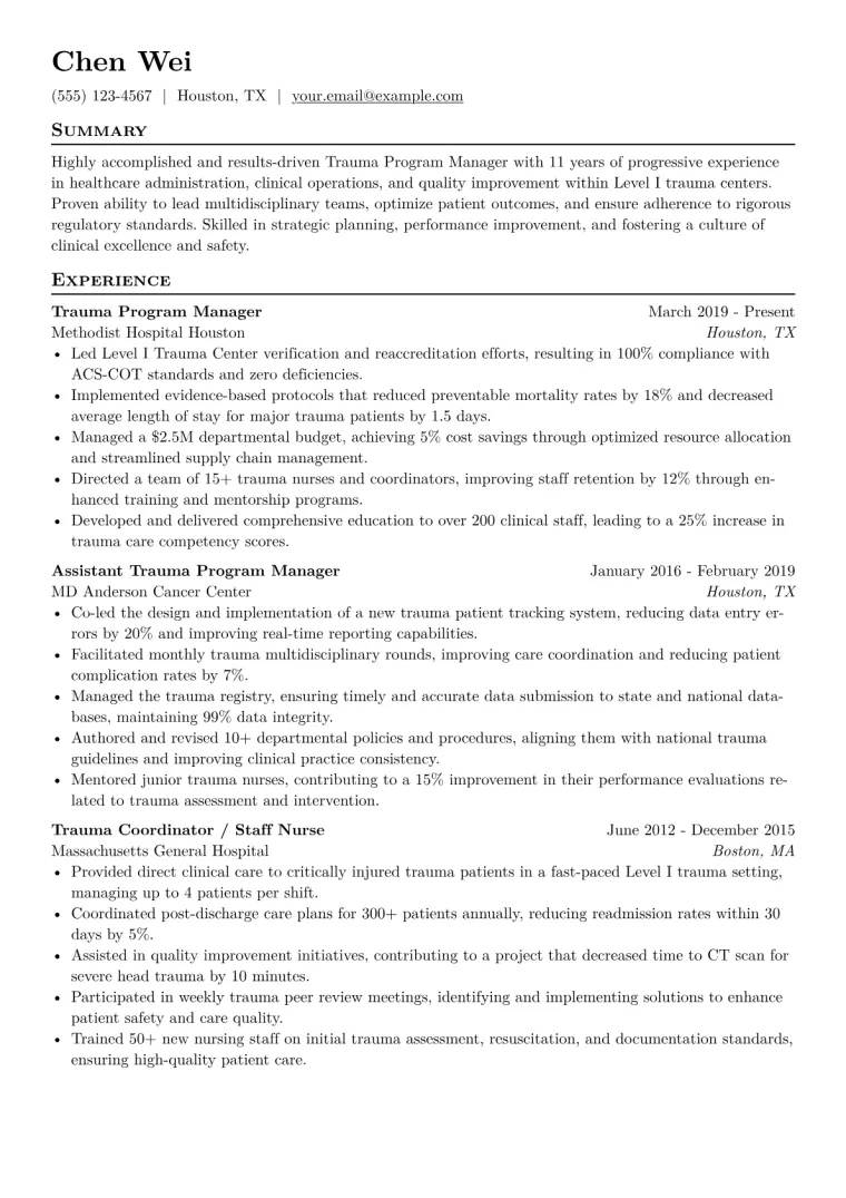 Trauma Program Manager Resume Example CV template preview