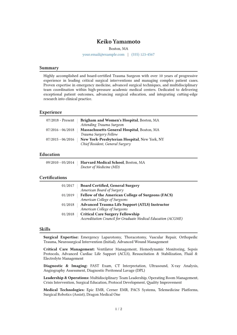 Trauma Surgeon Resume Example CV template preview