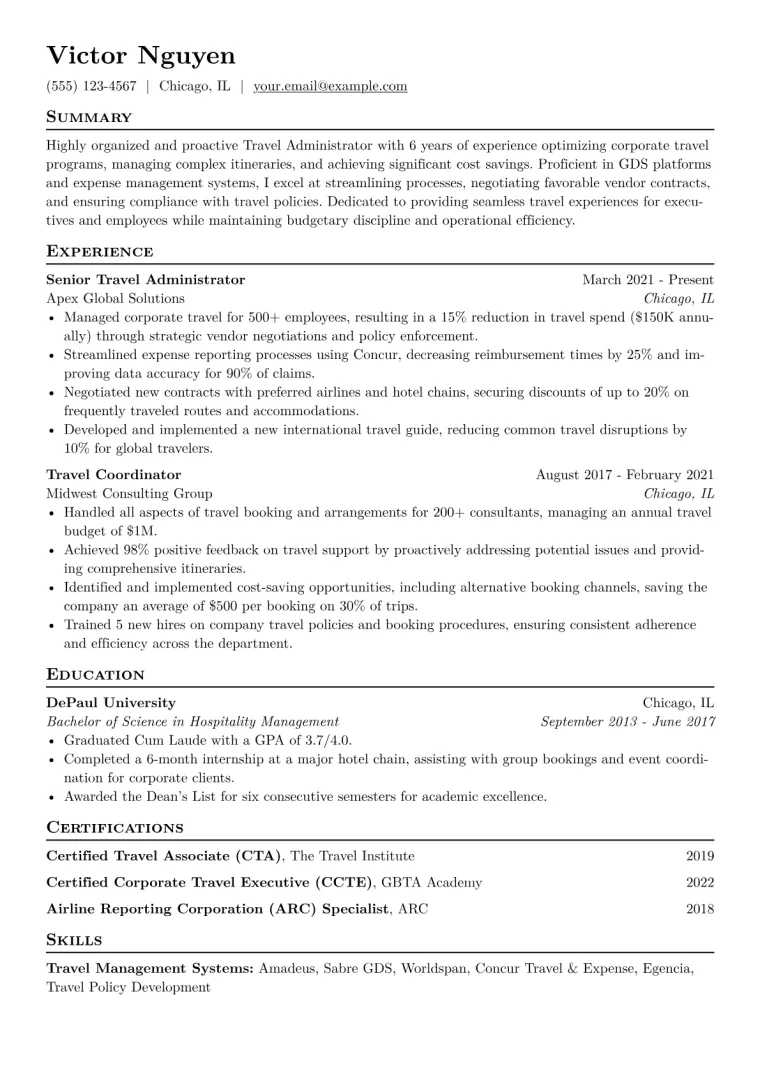 Travel Administrator Resume Example CV template preview