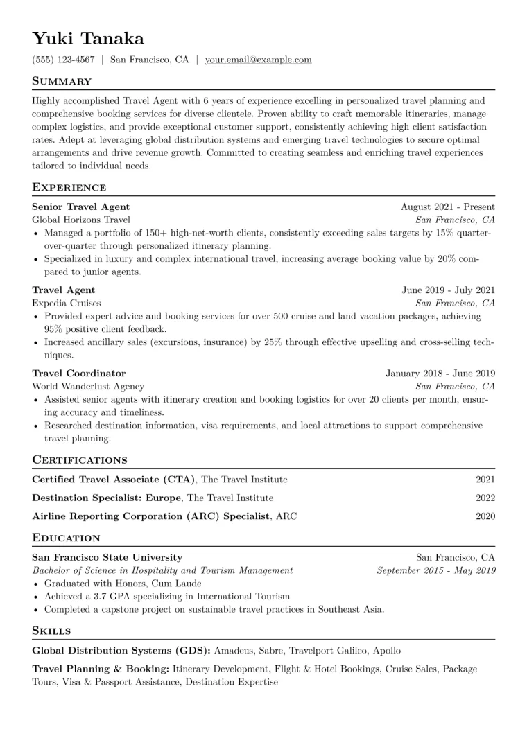 Travel Agent Resume Example CV template preview