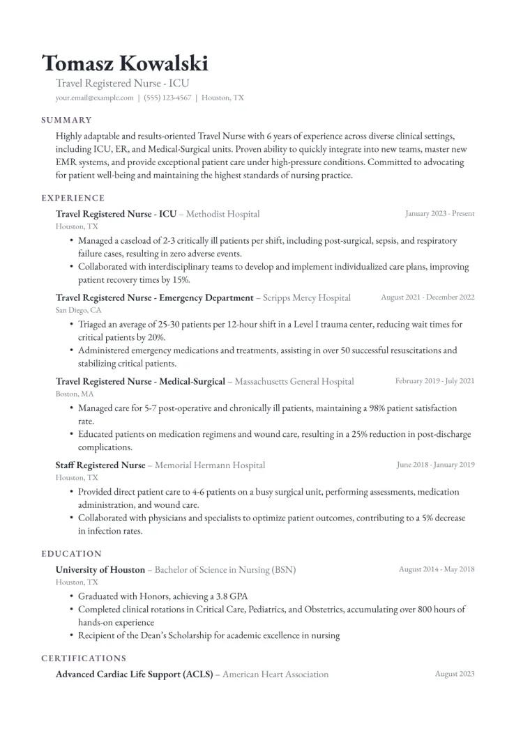 Travel Nurse Resume Example CV template preview