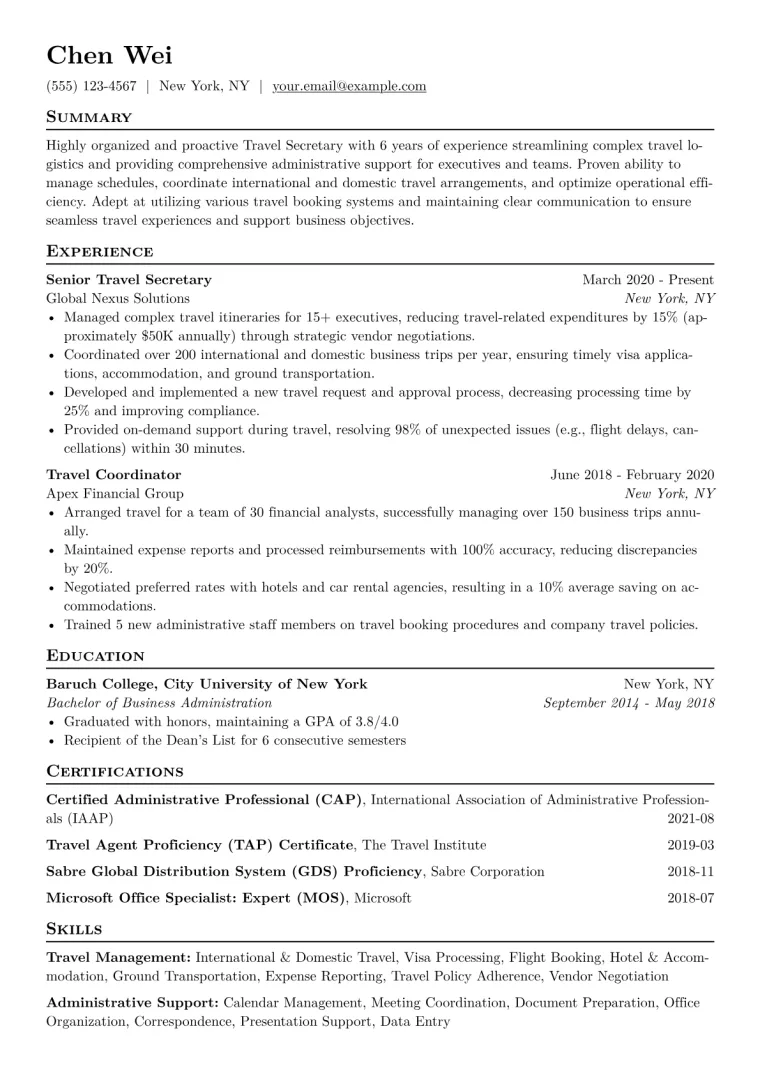 Travel Secretary Resume Example CV template preview