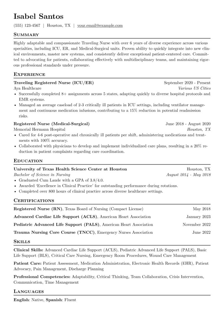 Traveling Nurse Resume Example CV template preview