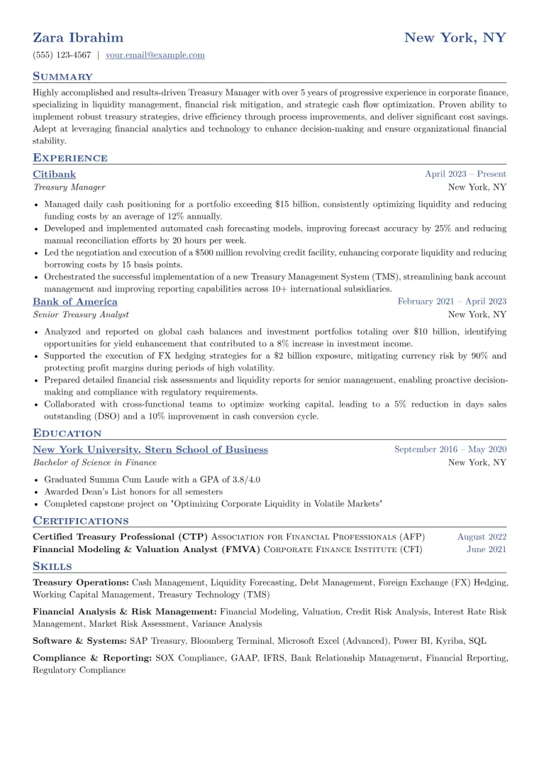 Treasury Manager Resume Example preview