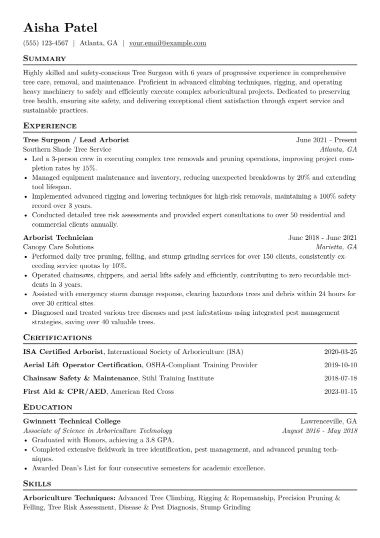 Tree Surgeon Resume Example CV template preview
