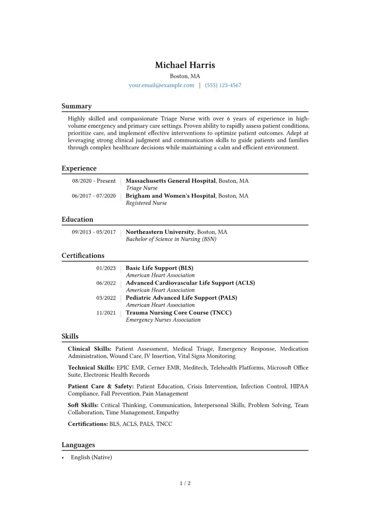 Triage Nurse Resume Example CV template preview