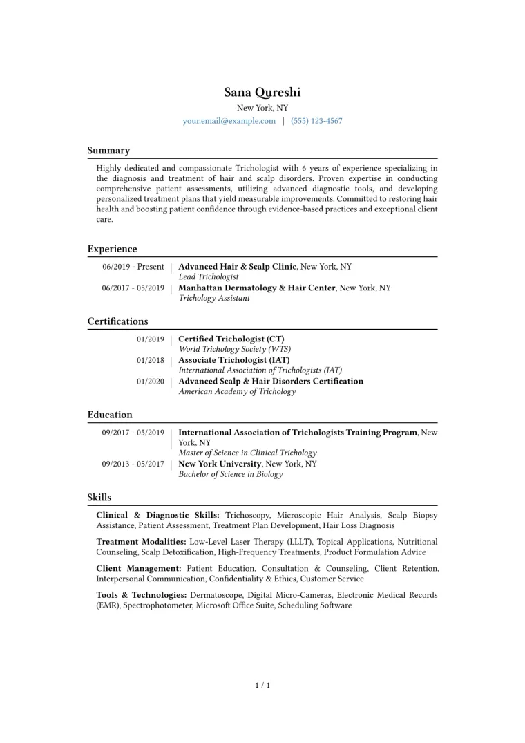 Trichologist Resume Example CV template preview