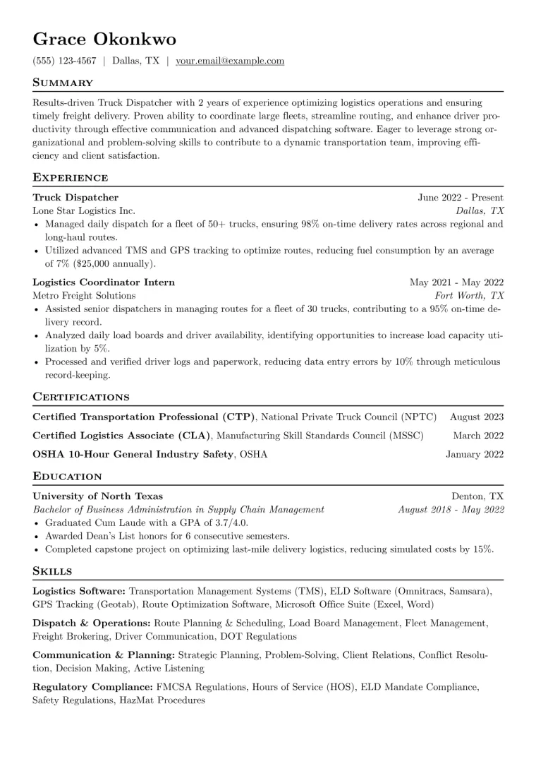 Truck Dispatcher Resume Example CV template preview