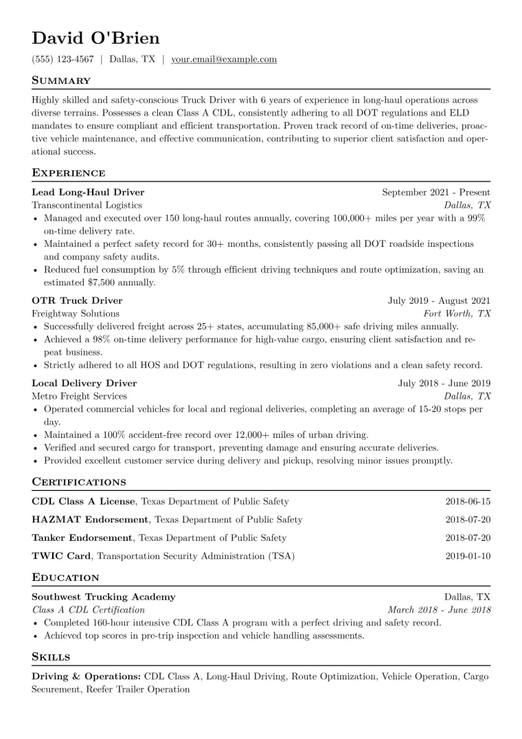 Truck Driver Resume Example CV template preview