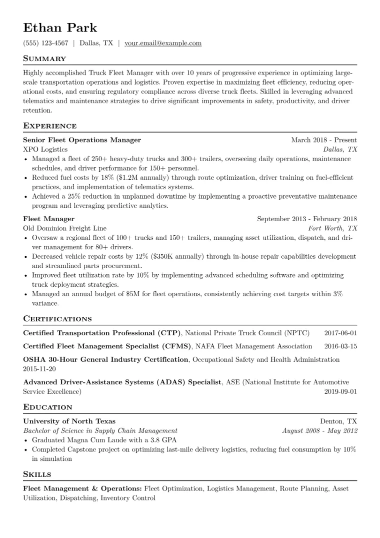 Truck Fleet Manager Resume Example CV template preview