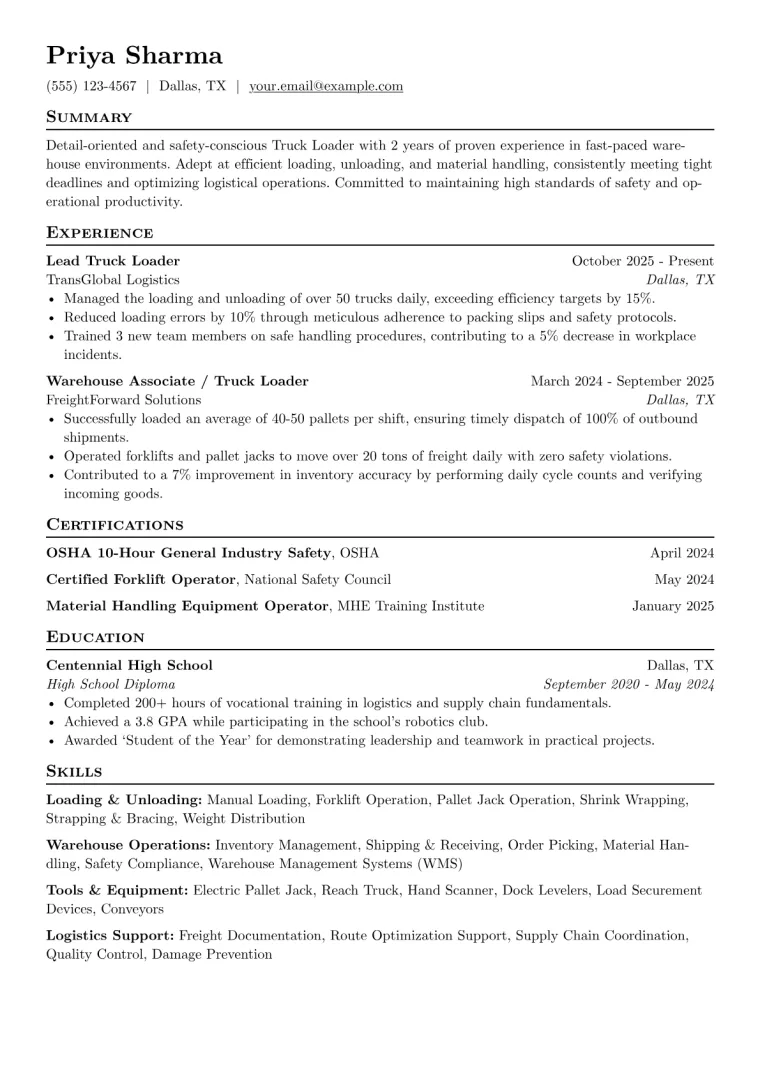 Truck Loader Resume Example preview