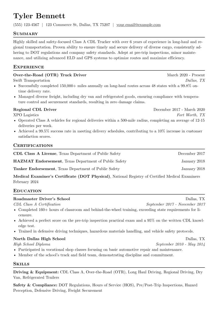 Trucker Resume Example CV template preview