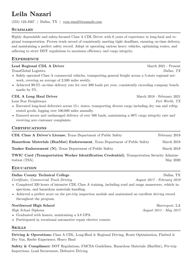 Trucking Resume Example CV template preview