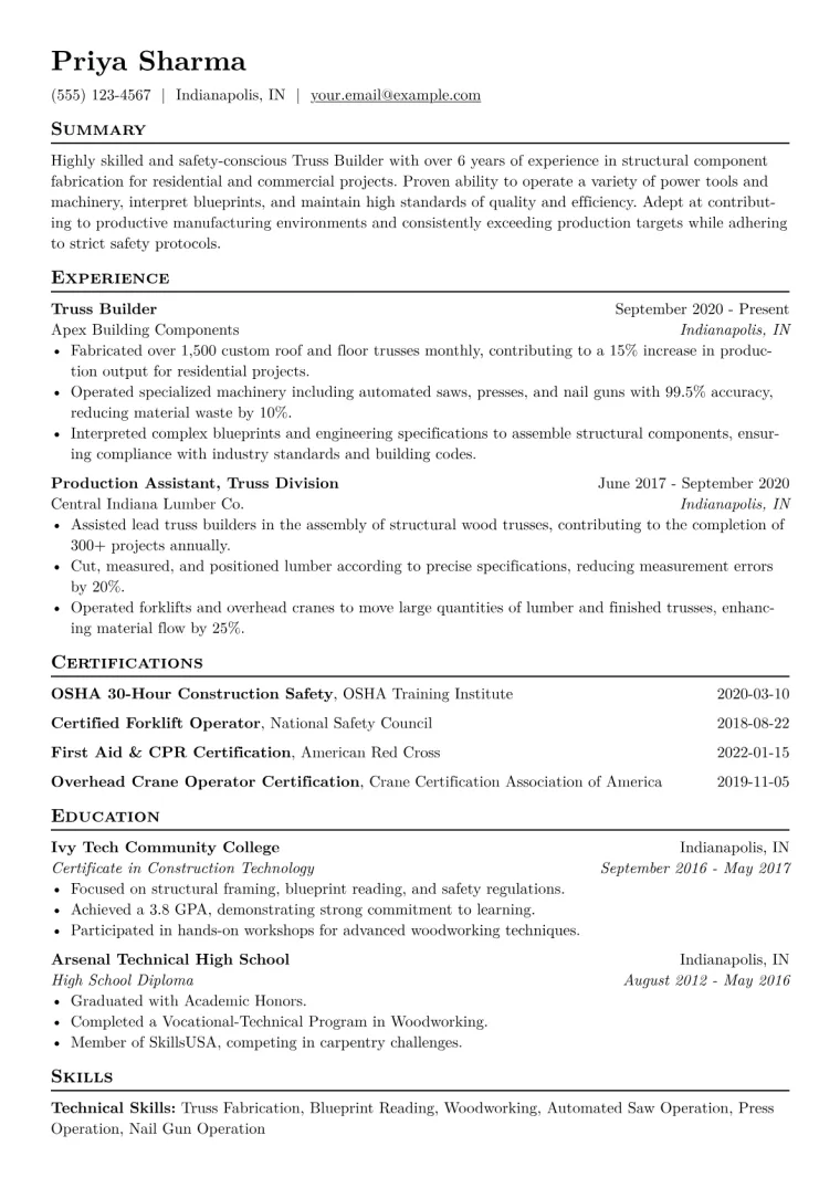 Truss Builder Resume Example CV template preview