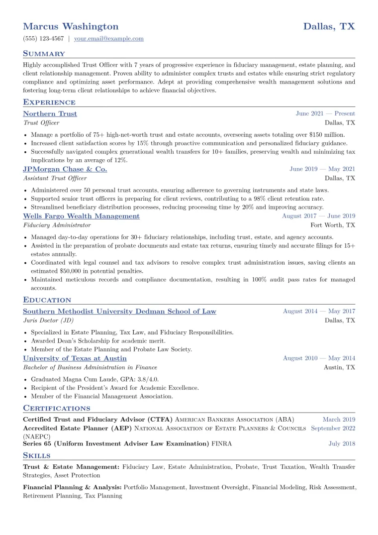 Trust Officer Resume Example CV template preview