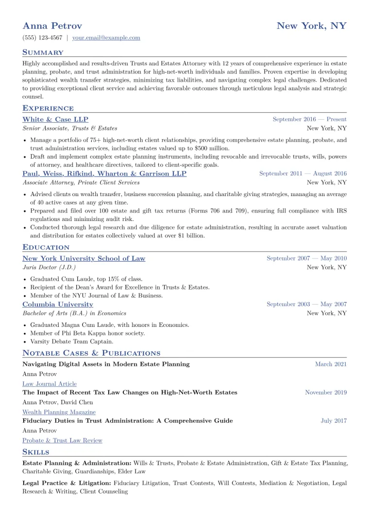 Trusts and Estates Attorney Resume Example CV template preview