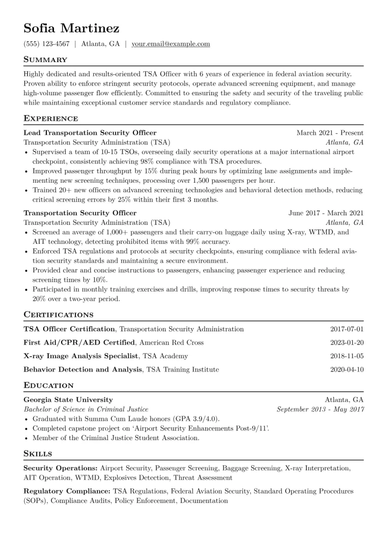 TSA Officer Resume Example CV template preview
